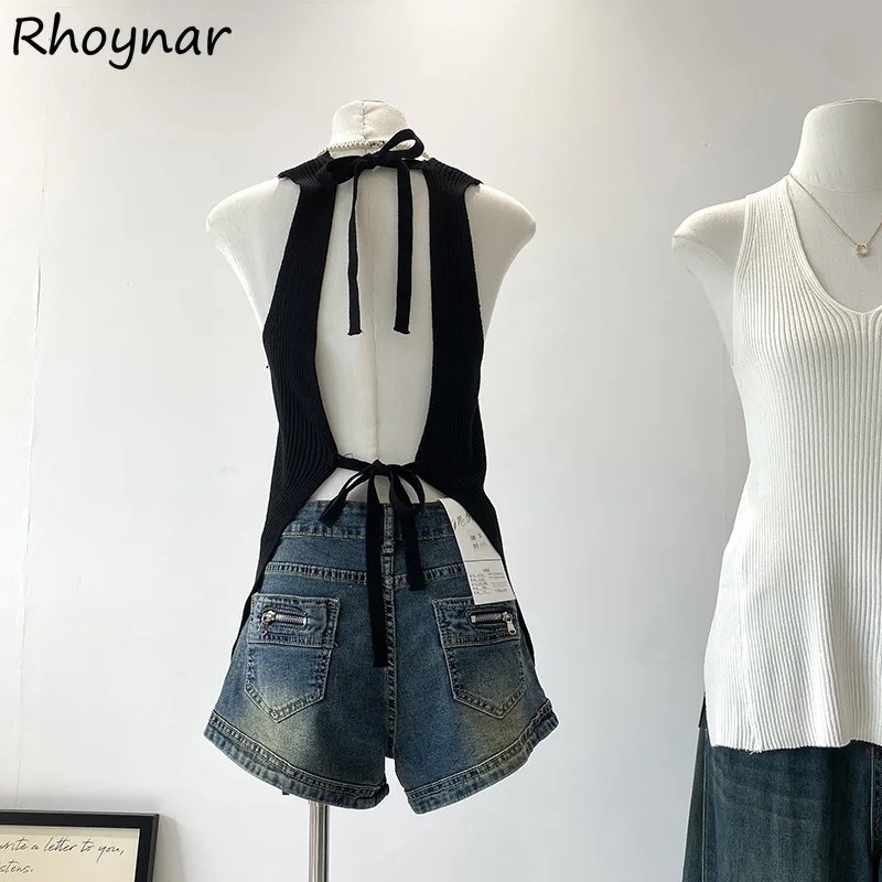 Tanques sólidos com decote em v feminino verão sexy senhoras elegantes topos projetados rendas sem costas streetwear férias moda coreana aconchegante