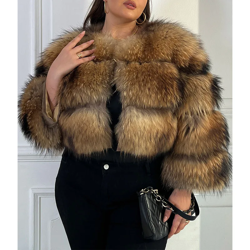 Plus Size Tops Brown Fur Maomaokong Women's Outerwear Natural Raccoon Real Fur Coat Winter Jacket Female Clothing 4XL