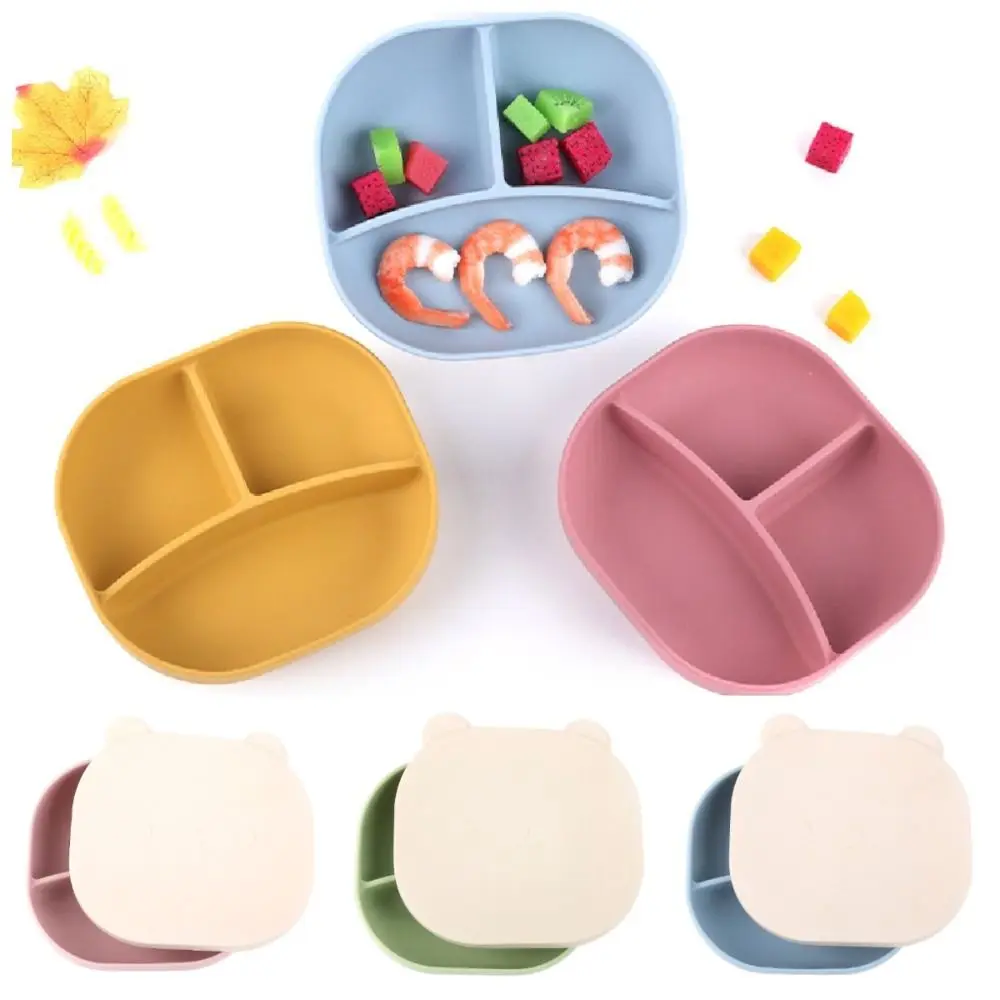 

Cartoon Bear Baby Weaning Dishes Anti-Slip BPA-Free Baby Silicone Sucker Plate Easy Clean with Lid Toddler Feeding Tableware