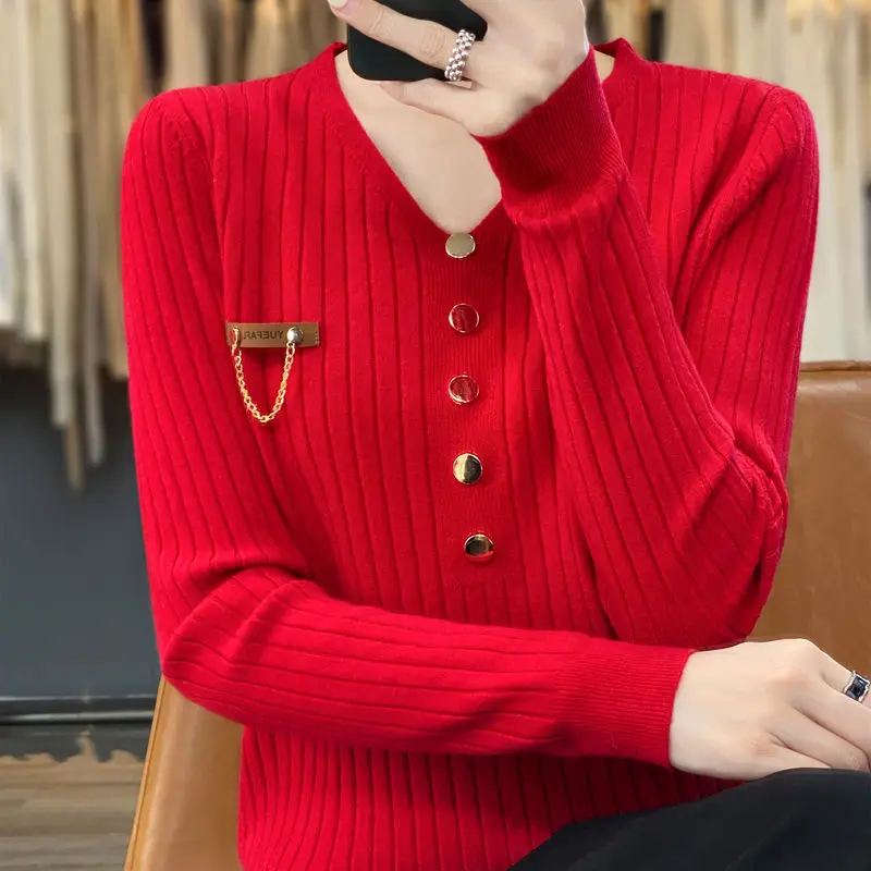 Autumn and Winter Women's Pullover V-neck Solid Button Screw Thread Rivet Lantern Long Sleeve Fashion Office Lady Casual Tops