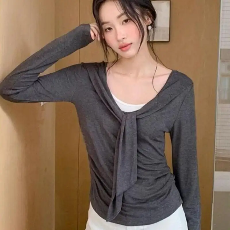 

Модная женская футболка с длинным рукавом из смесового хлопка, повседневная верхняя одежда, весна-лето, новая, приталенная, с V-образным вырезом