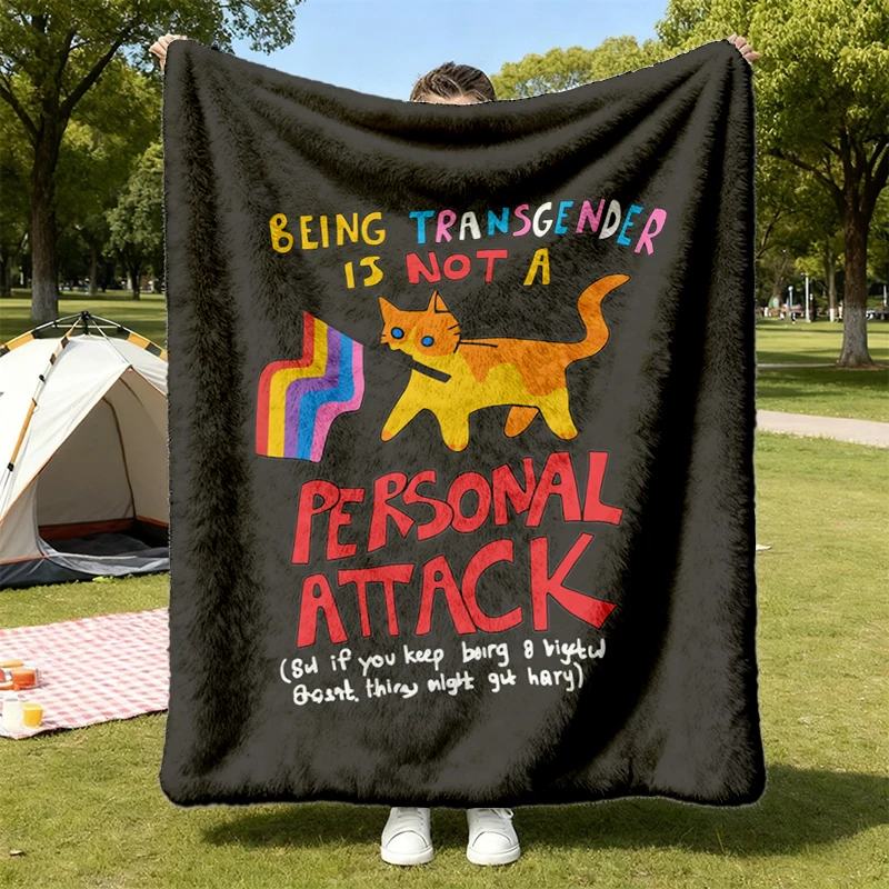Transgender Pride Flannel Blanket, Funny Cat Trans Rights Flannel Throw, LGBTQ Ally Gift, Trans Cozy Blanket