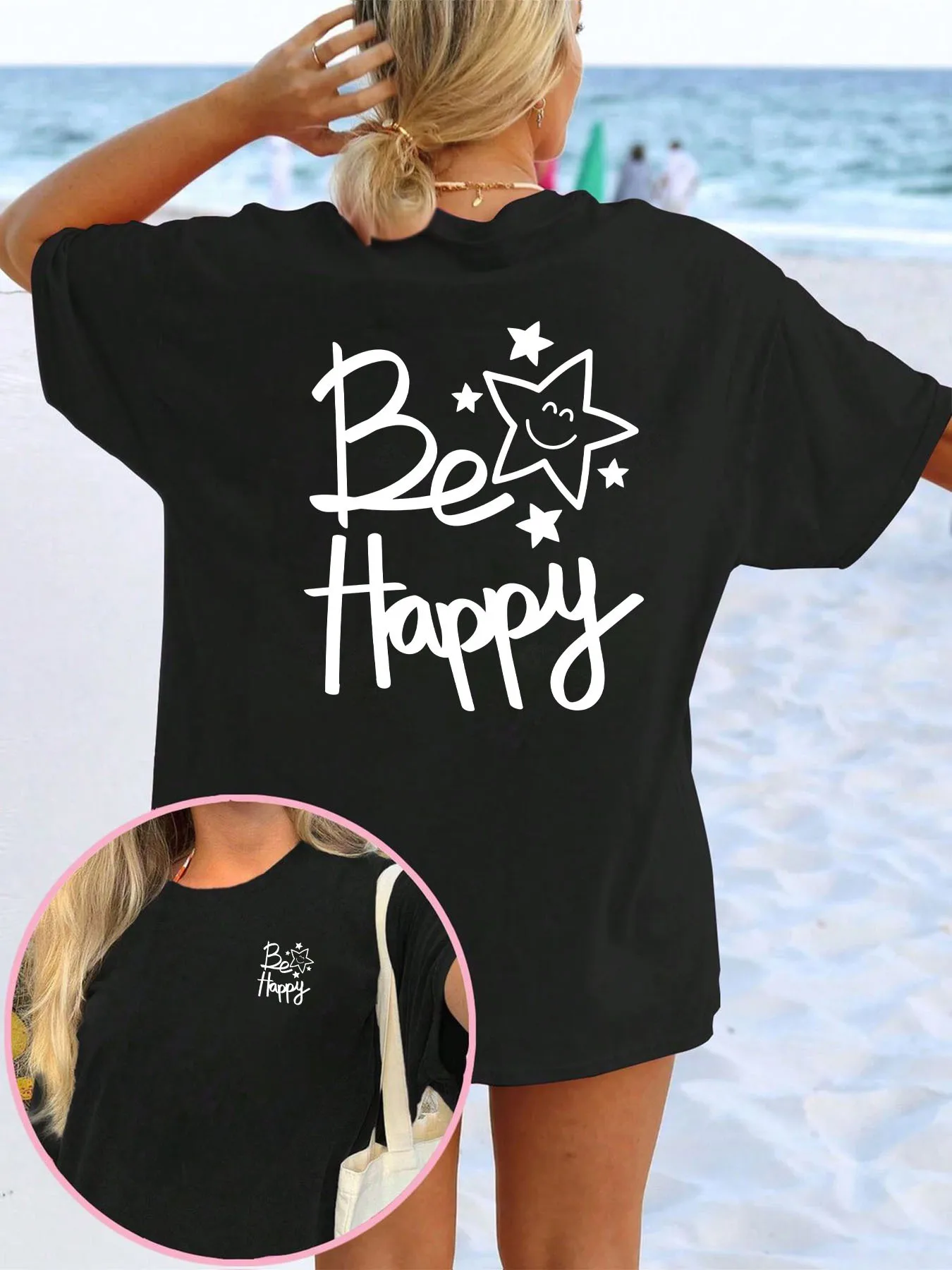 

Women's "Be Happy" Cursive Print T-Shirt Fit Round Neck Short Sleeve Top Suitable Home Harajuku Sleeve Casual Aesthetic Clothes