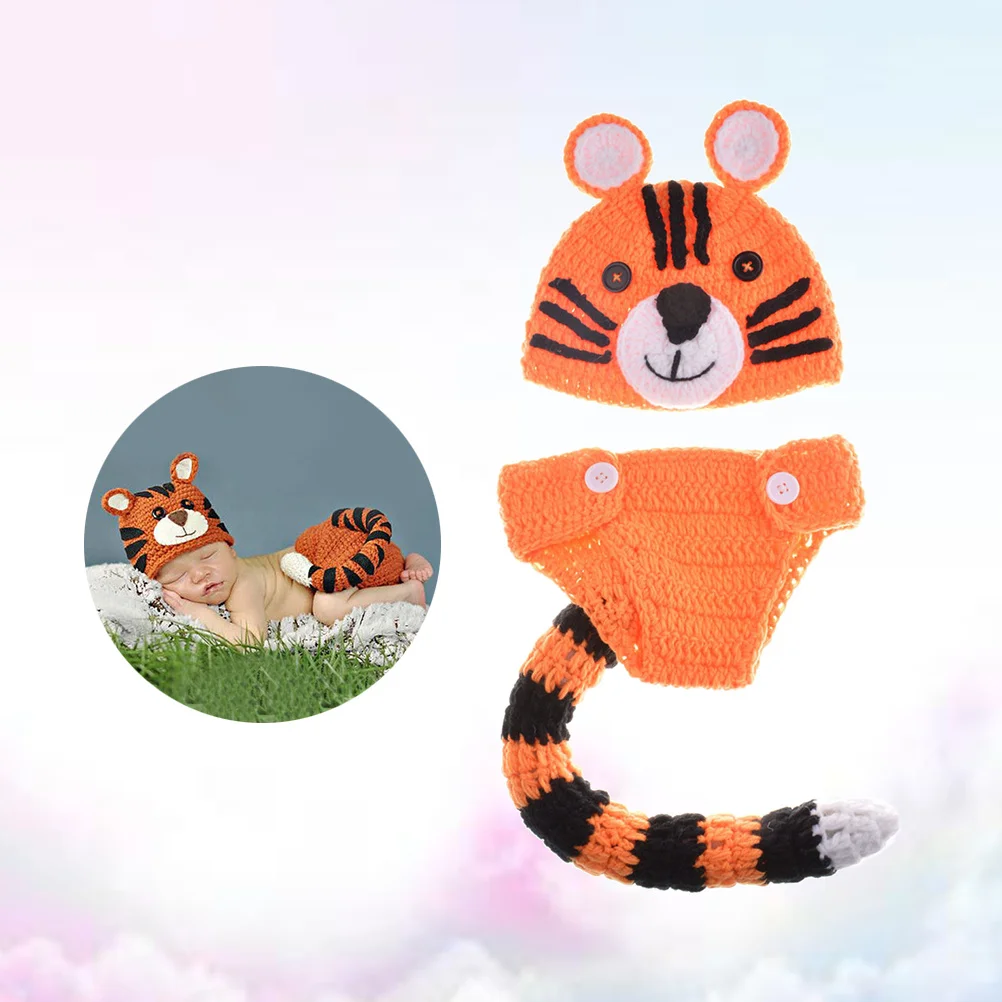 

Newborn Baby Photography Set Knitted Tiger Design Hat Long Tail Pants Baby Photo Outfits Newborn Photography Props