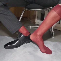 Mens Sexy Lightweight Thin Striped Socks See-Through Sheer Stockings Business Dress Tube Socks Formal Soft Men's Suit Stockings