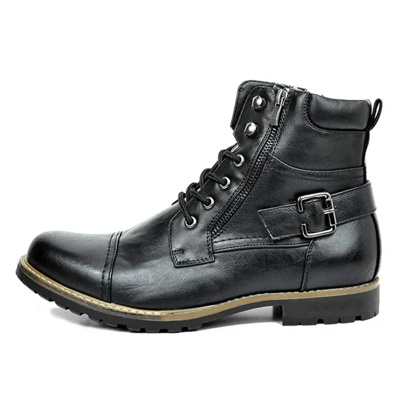 Botas de couro com zíper duplo masculino, bota de motocicleta casual, metal, sapatos masculinos