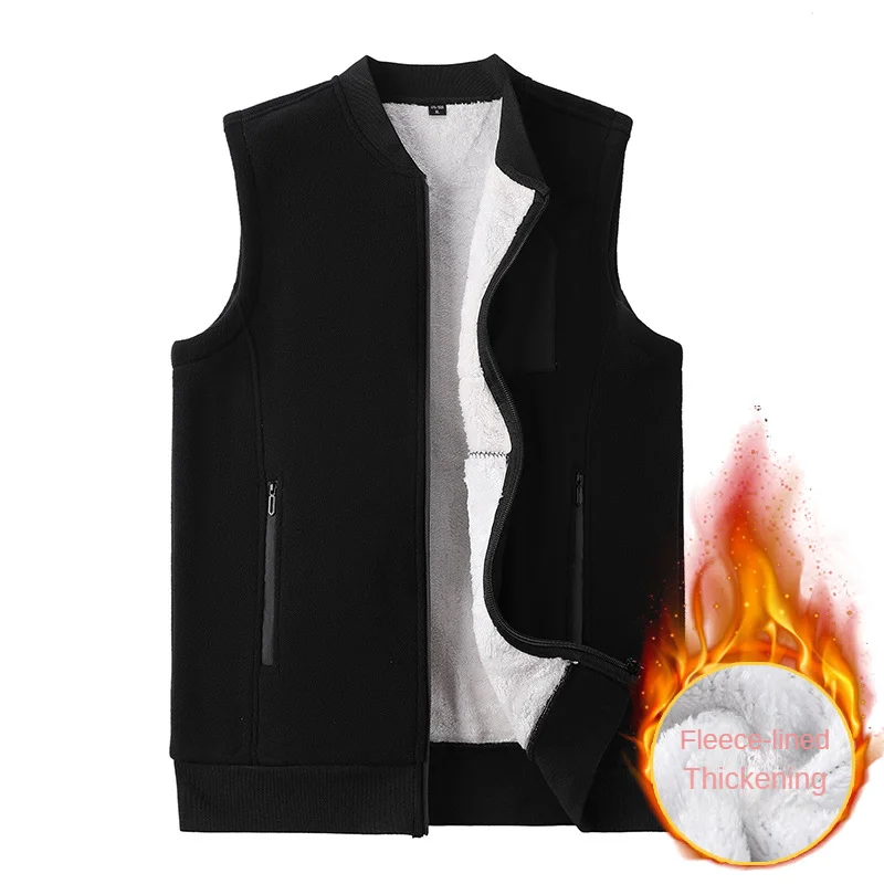 Men Winter Vest Sleeveless Stand Collar Solid Color Fleece Thick Keep Warm Plus Size Neck Protection Winter Waistcoat for Daily