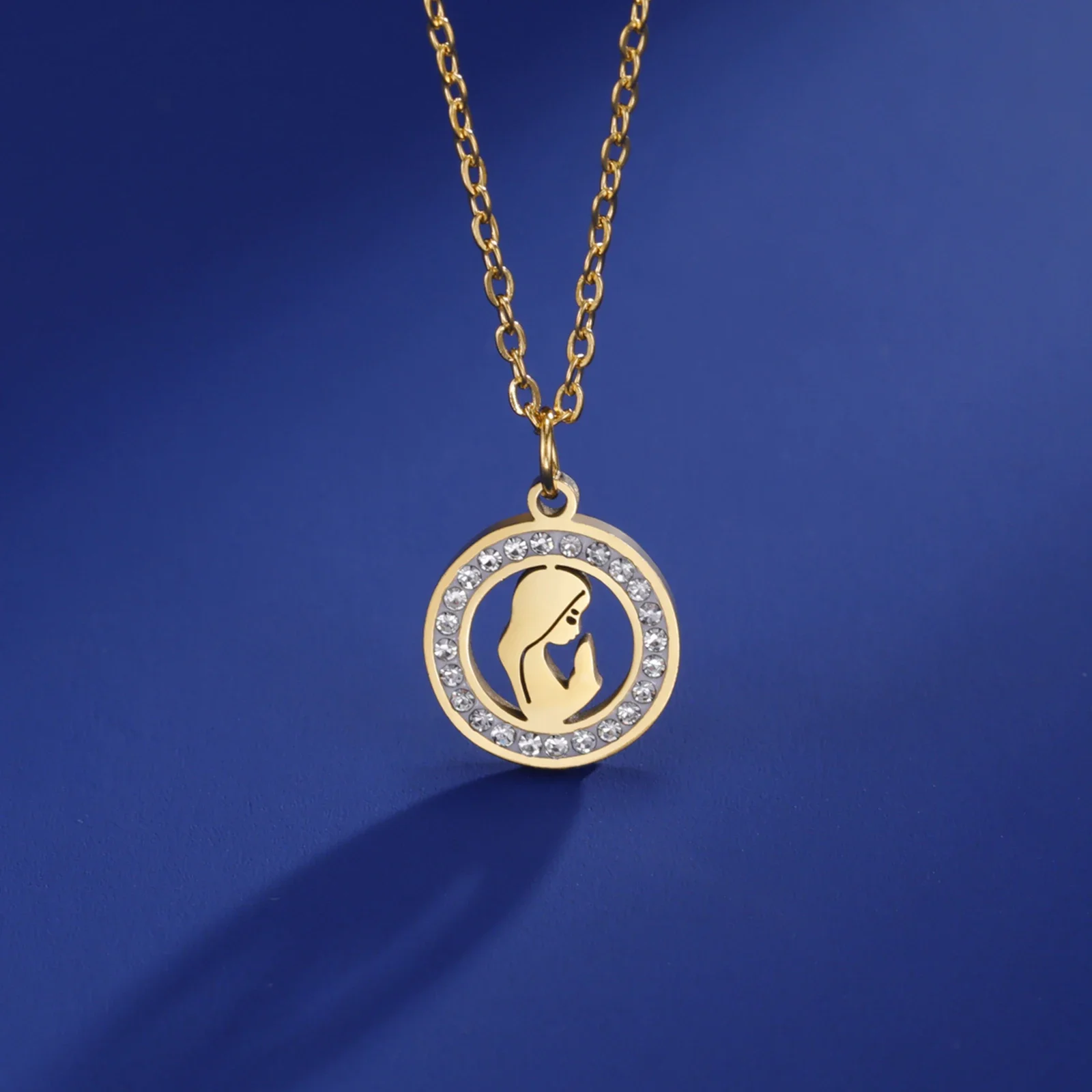 Skyrim Holy Virgin Mary Clear Zircon Necklace Stainless Steel Gold Color Chain Choker Religious Catholic Blessed Jewelry Gift