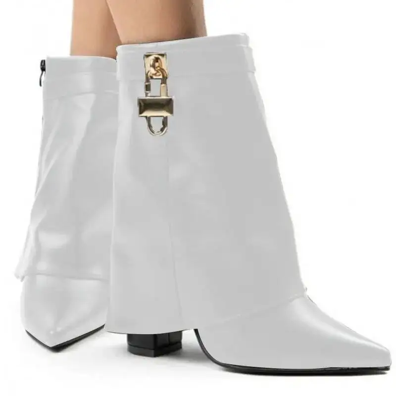

White Pointed Toe Metal Lock Chunky Heels Mid-Calf Boots Pu Leather Women's Boots Trouser Boots