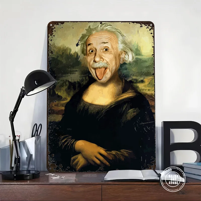 Einstein Mona Lisa Meme Personalized 3D Textured Metal Poster Wall Art Tinplate Sign for Vintage Decorations Article Decoration