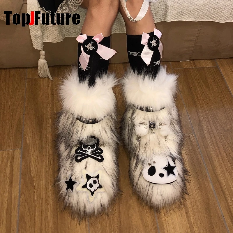 Subculture Fashion Harajuku punk Women Sweet Lolita Y2K GIRL fluffy Leather panda fur Cross leather buckle shoe Skull  increase