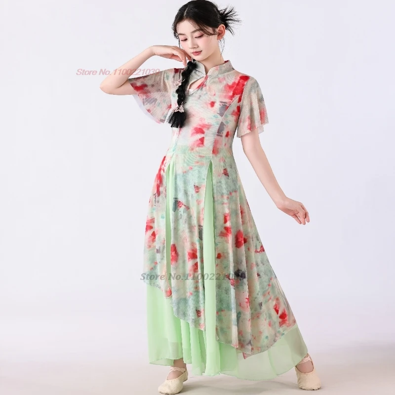 2025 chinese vintage children dance costume flower print mesh qipao dress+pants traditional children stage performance cheongsam