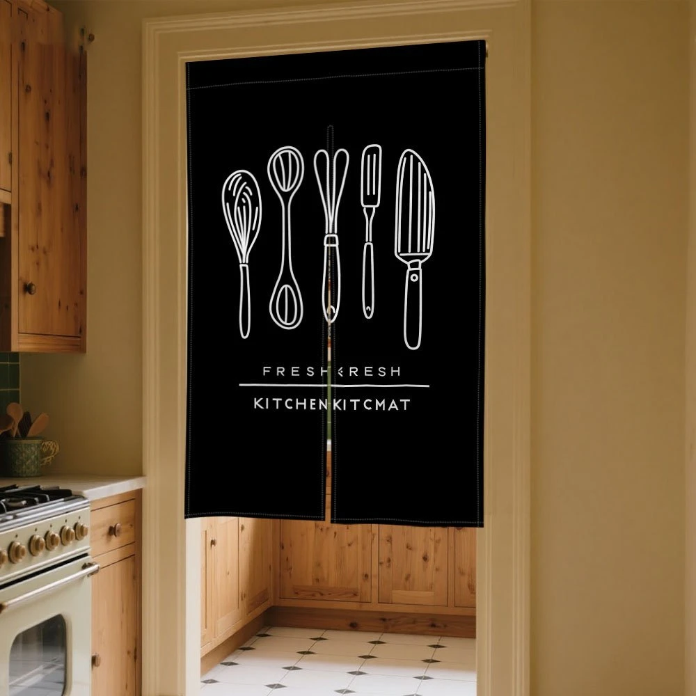 VIKAMA Scandinavian Minimalist Kitchen Half-Door Curtain, Black Kitchenware Print Cooking Area Divider Curtain, Home Decor