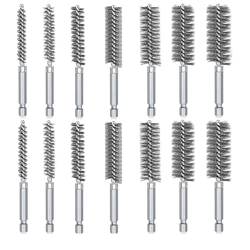 ABWR-16Pcs Wire Brush Set, Wire Bore Brush For Drill Impact Driver In 14 Sizes With Industrial Wire Brushes Durable