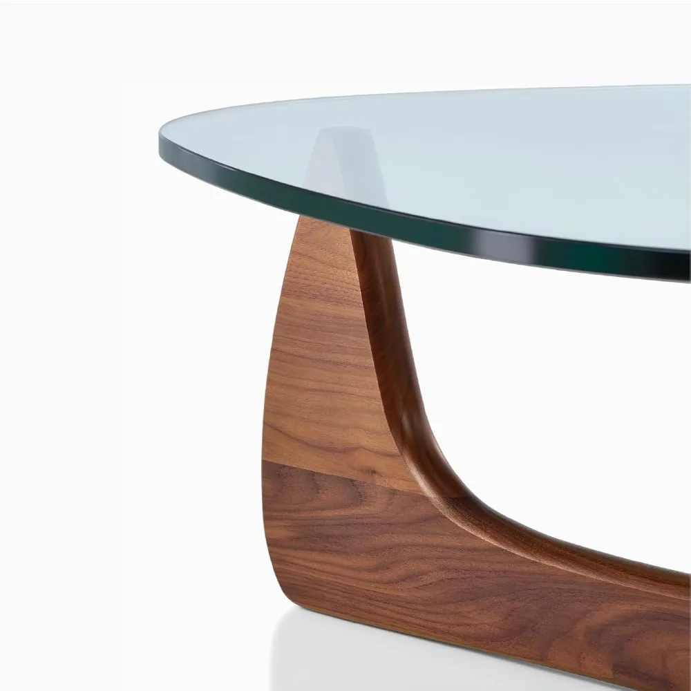 Mesa de centro de vidro triangular com base final de madeira maciça moderna, mesas de café