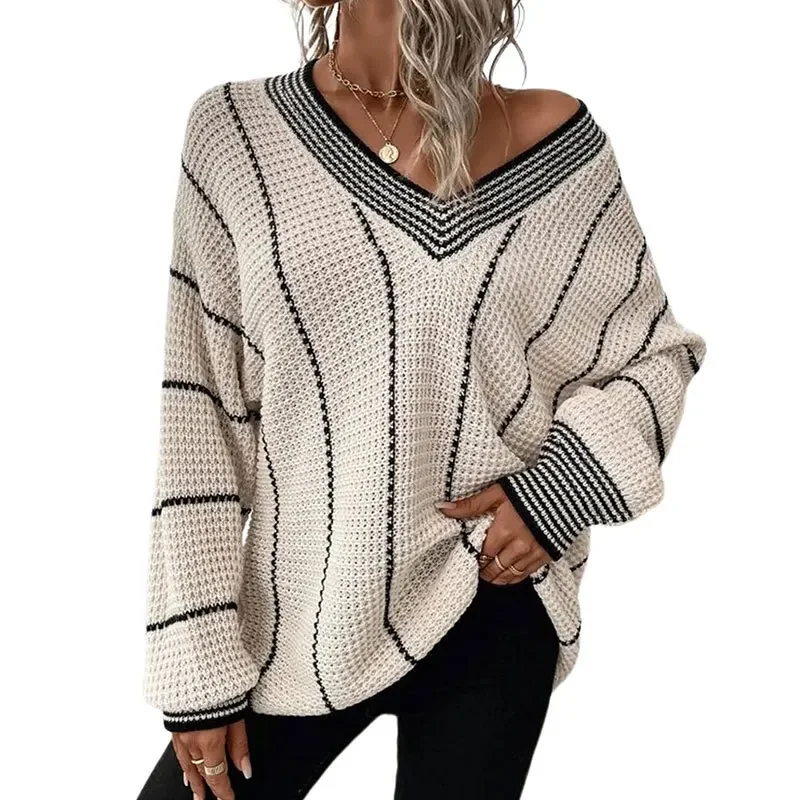 

Plus Size Women's Knitted Sweater V Neck Striped Oversized Autumn Winter Thick Sweaters for Women Simple Loose Fashion