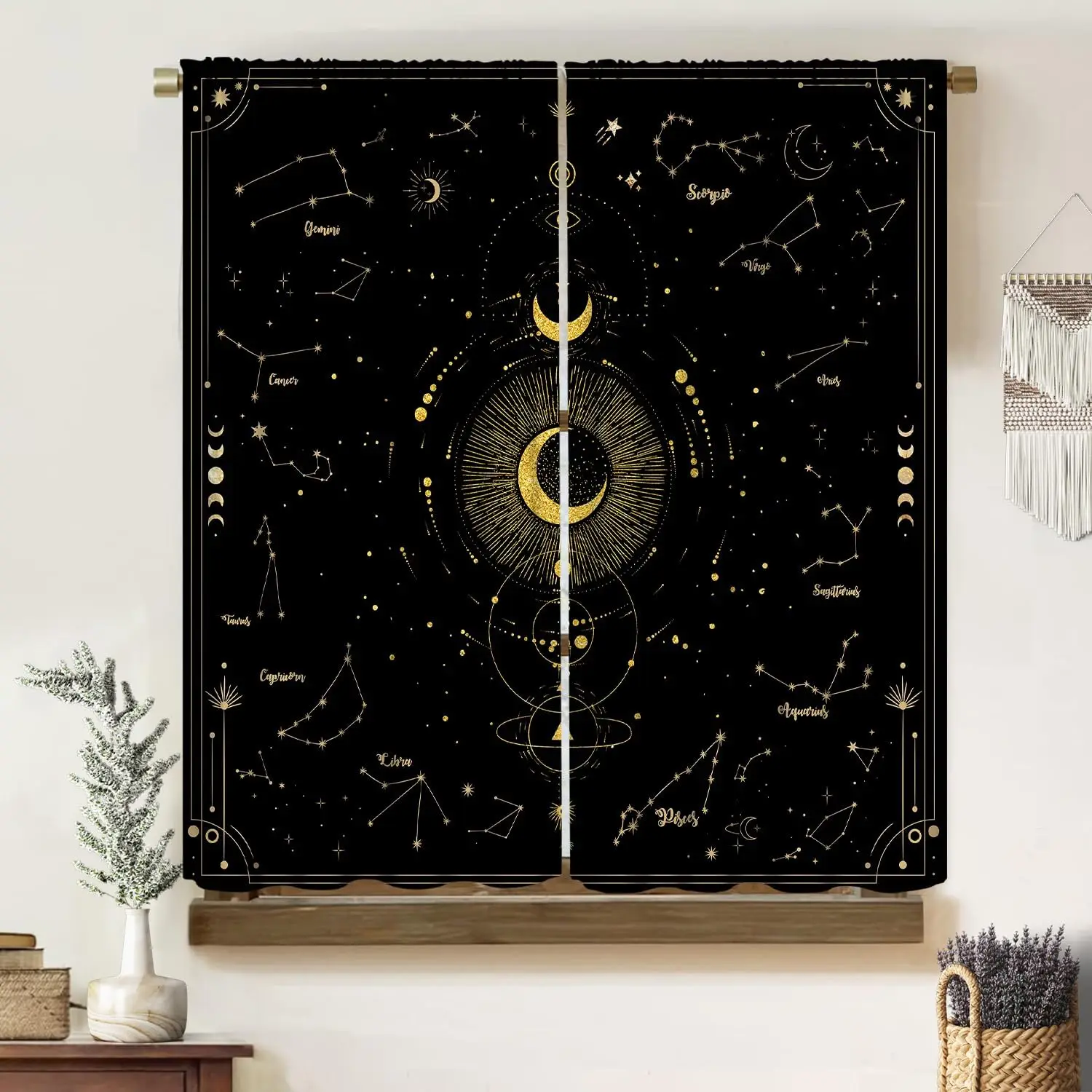 Moon Star Curtains, Minimal Baroque Black Glitter Golden Geometry Universe Galaxy Constellation Planet Pattern Window Treatments