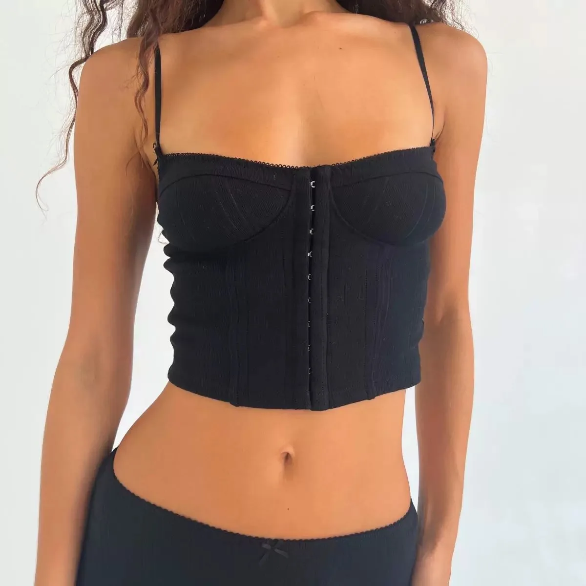 

COUCOU Knitted Tank Top Fishbone Organic Cotton Buckle Hollow Lace Strap Top