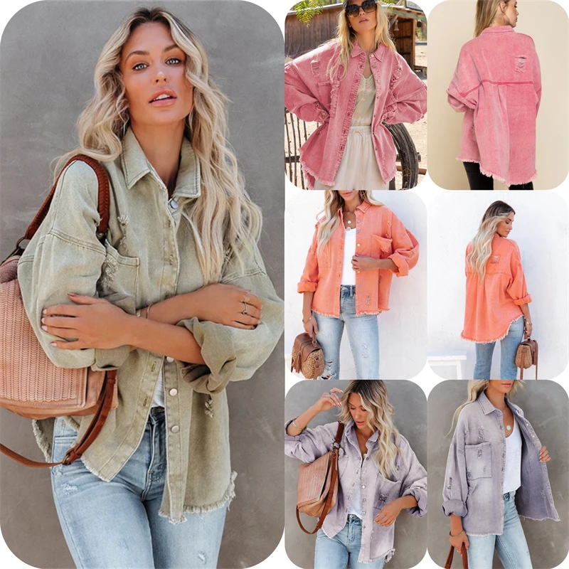 

Промытая свободная женская джинсовая куртка в уличном стиле, осень-зима, Новое поступление, хлопковый материал, удобная одежда с длинными рукавами