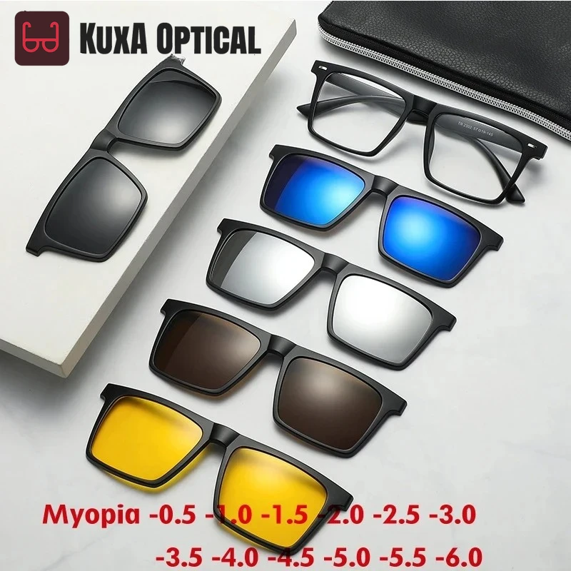 

Xuka Square Myopia Prescription Sunglasses Men Retro Optical Eyeglasses Women Polarized Magnet Clip On Glasses Frame -0.5~-10