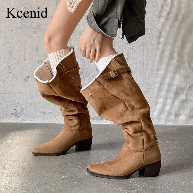 

Kcenid High Quality Women's Western Cowboy Boots Pointed Toe High Heel Retro Belt Buckle Knee High Fashion Shoes Warm Winter