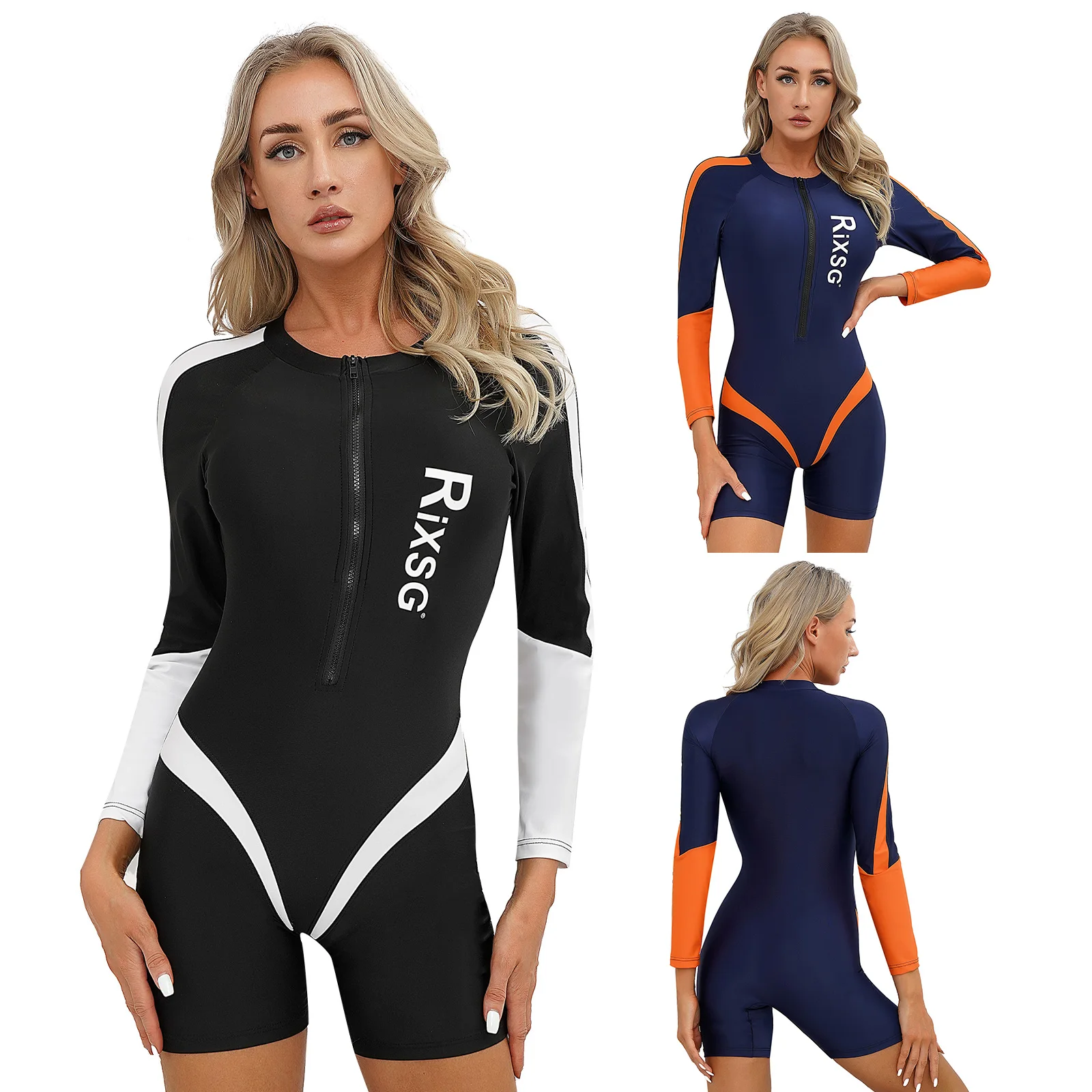 Women Color Block One-piece Swimsuit Long Sleeve Front Zipper Chest Pads Swimming Jumpsuit Bathing Bodysuit Pool Beach Swimwear