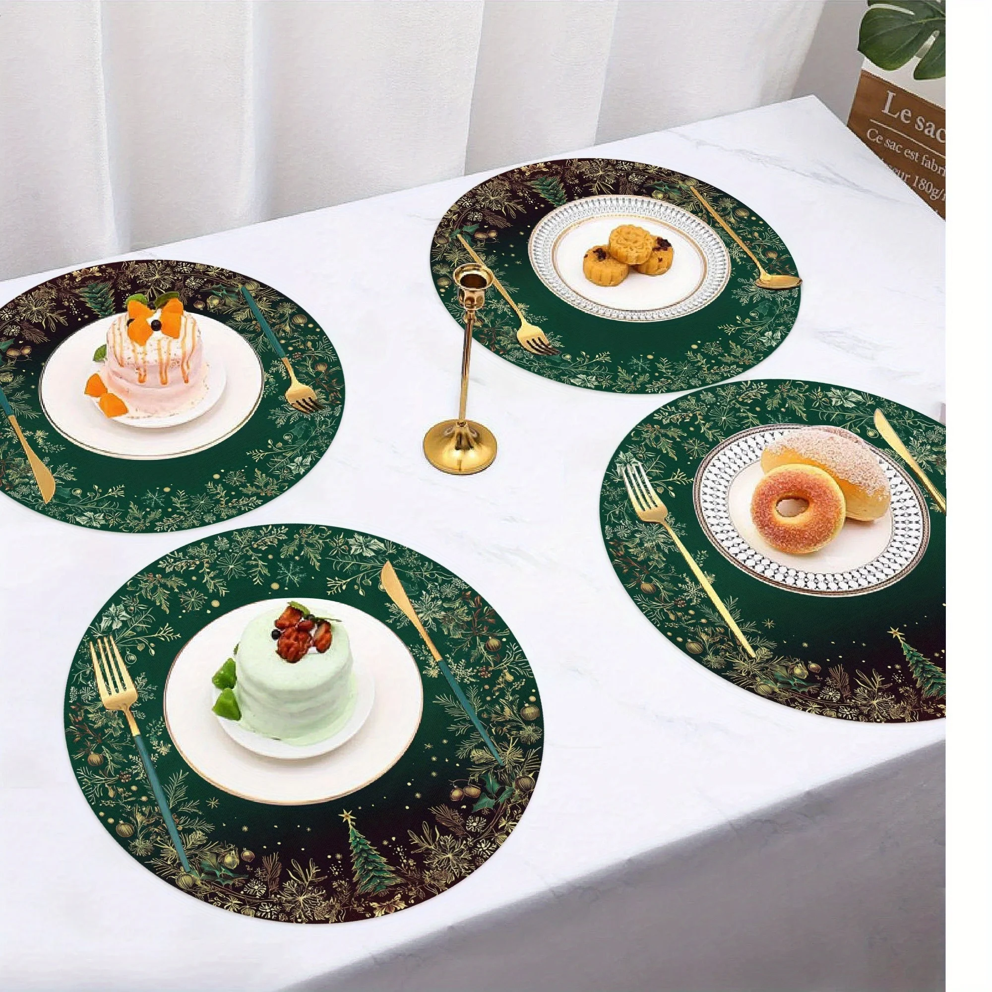 VIKAMA 4PC Christmas Pine Branch Meal Mat, Dark Green Snowflake Berry Table Restaurant Christmas Party Decoration