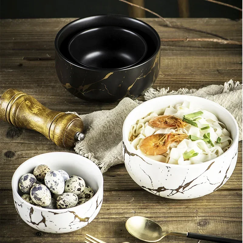 Nordic Style Marble Ceramic Bowl, Home Tableware Set, Porcelain Breakfast, Rice Dinner, Noodle Soup, Round Bowls