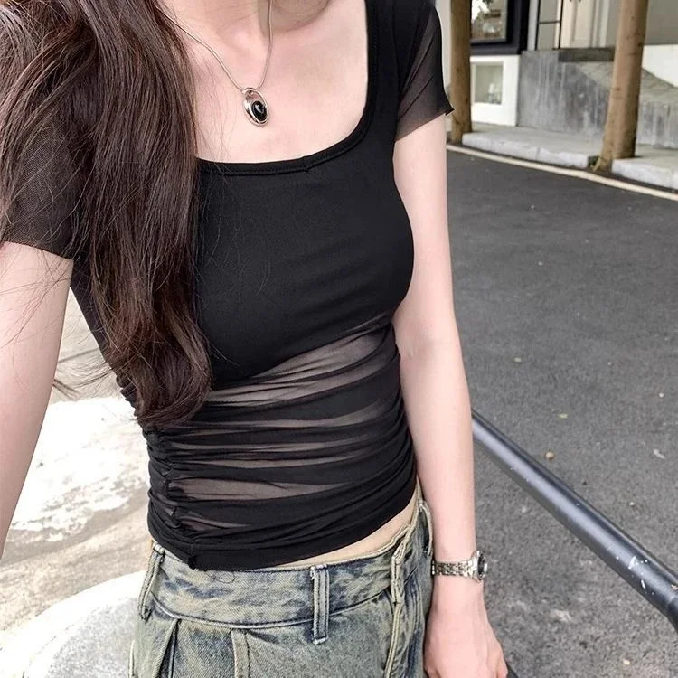 Bla Sexy ort Sve T-irt Damska Koszulka Letnia Dopasowana z Kwadratowym Dekoltem, Naszywane Ramiona, Długość do Ramion, Mieszanka Poliestru i Spandexu