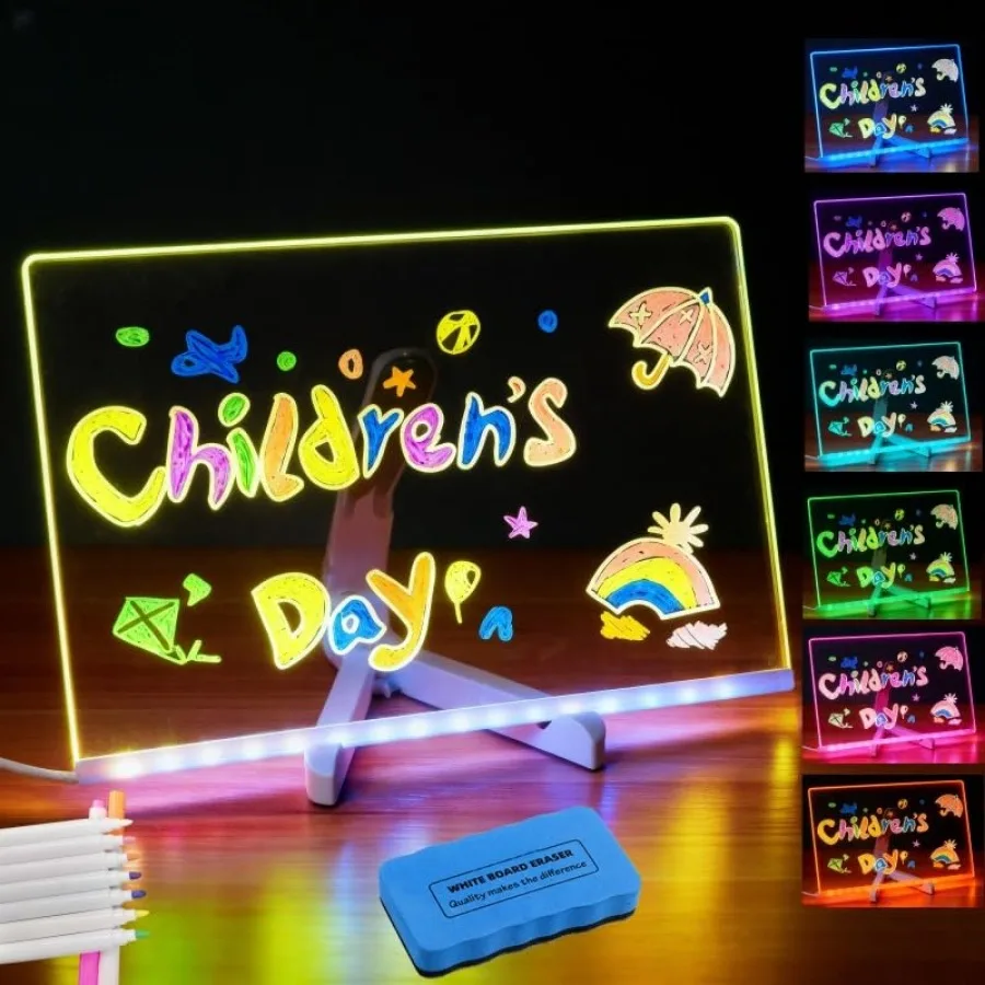 LED Note Board with Colors Acrylic Dry Erase Board with 10 Light Modes, 7 Fluorescent Markers and Eraser, USB Powered Light Up