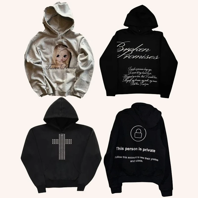 Y2K новый пуловер с капюшоном, толстовка с мультяшным буквенным принтом, готический хип-хоп, мужская и женская спортивная одежда, классический свободный топ большого размера в стиле Харадзюку
