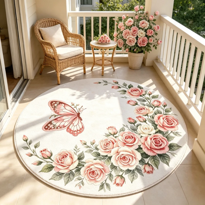 Retro Victorian Rose Round Rug European Style Floral Lace Frame Circular Mat  Antique Decor Floor Mat for Entryway Bedroom Decor