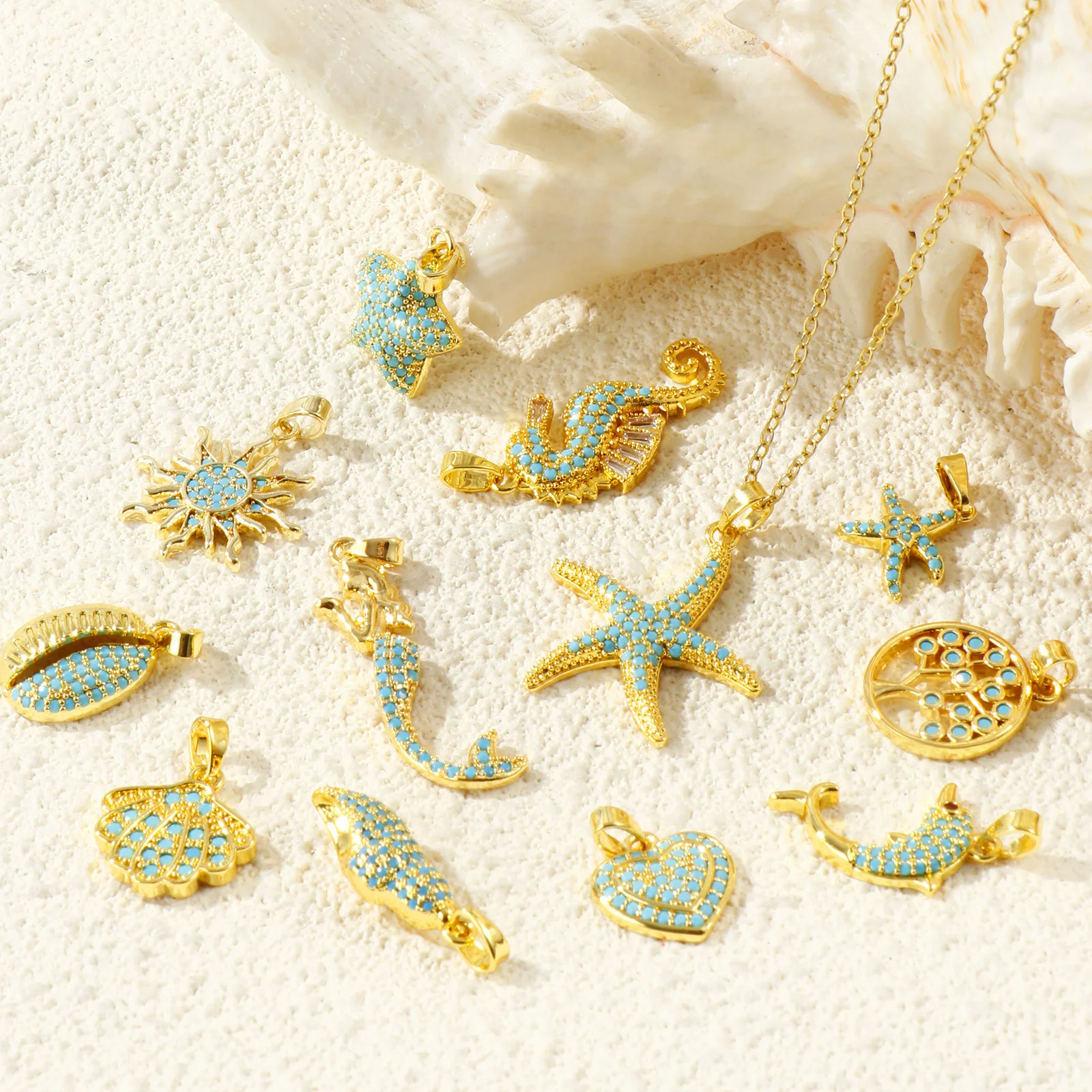2pcs Ocean Blue Cubic Zirconia Charms Starfish Mermaid Conch Heart Melon Brass 18K Gold Plated Pendants For DIY Necklace Jewelry