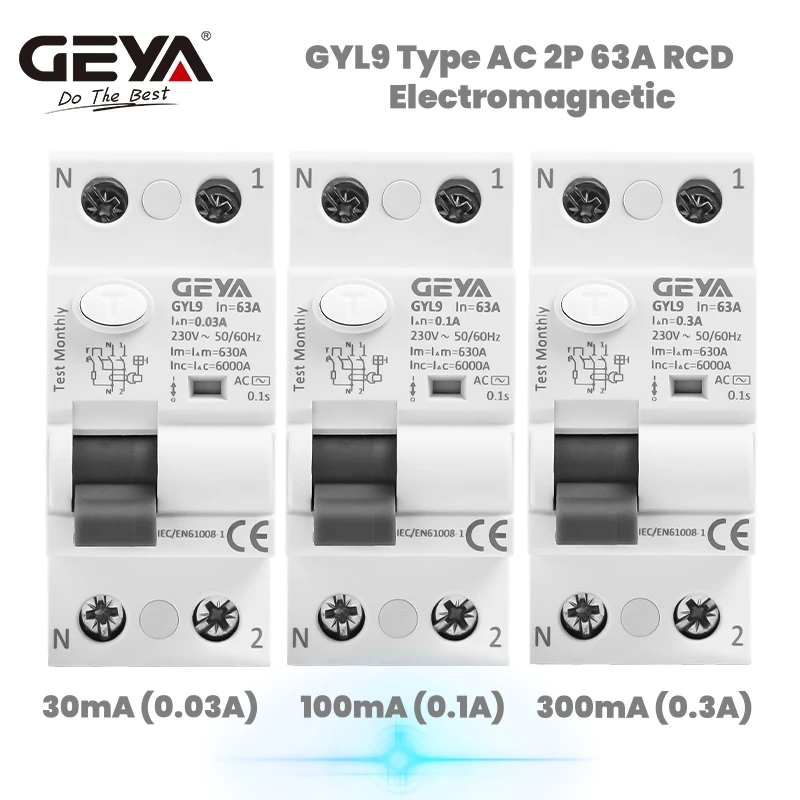 GEYA GYL9 AC Type RCCB Electromagnetic Residual Current Circuit Breaker AC ELCB 2 Pole 25A 40A 63A 100A RCD 30mA 100mA 300mA