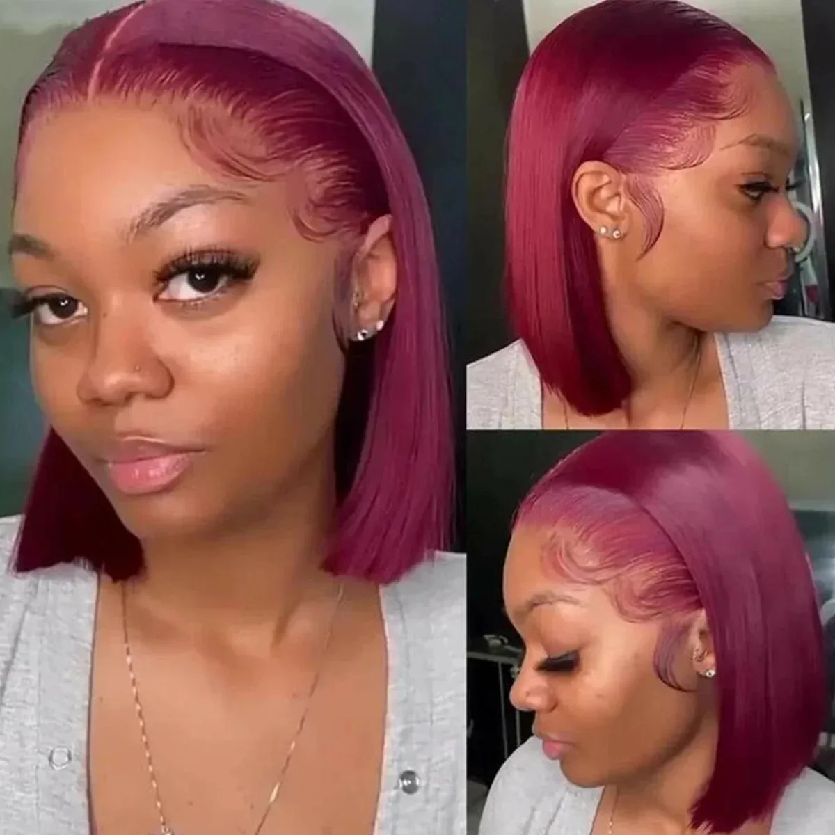 99J Burgundy 13x4 Bob Straight Pre Plucked Wigs Short Brazilian Synthetic Wigs Transparent Lace Front Wig