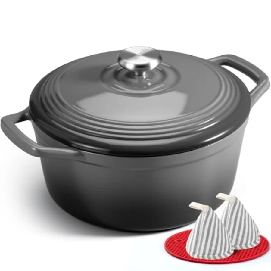 

Эмалированная чугунная жаровня (голландская печь) - Кастрюля 5,5QT с широкими ручками, крышкой, книгой рецептов и хлопковыми прихватками - Прочная посуда для приготовления пищи, предварительно обработанная (с эффектом приварки)