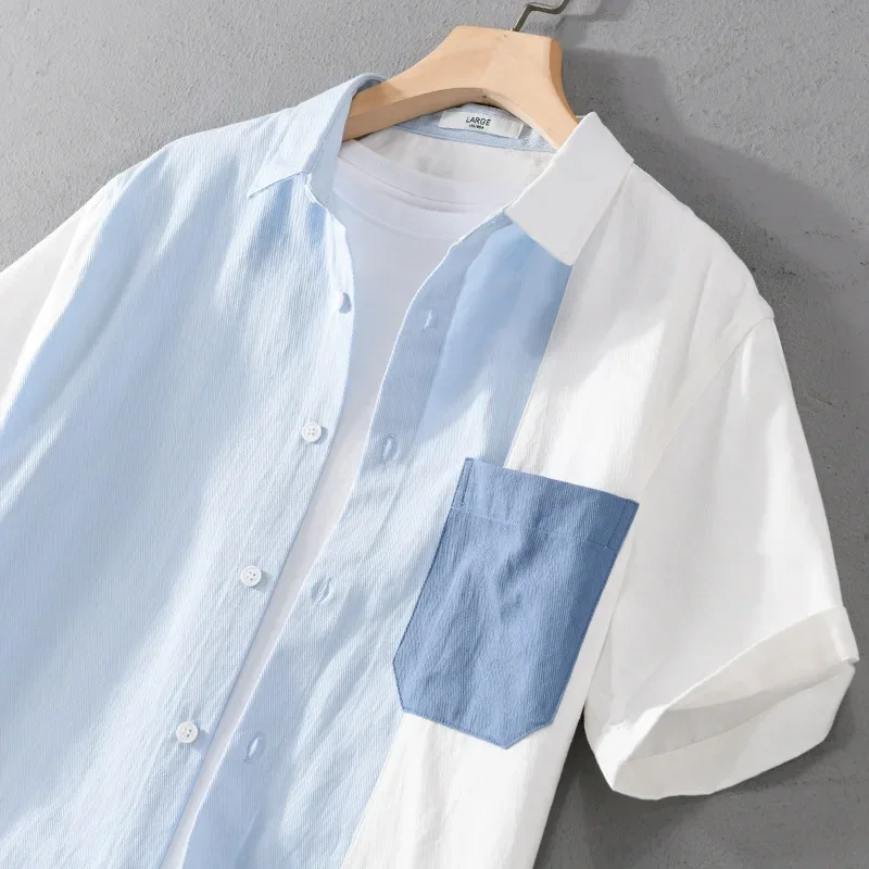 

Summer New Short Sleeve Mens Shirt Streetwear Patchwork Shirts Male Pocket Pure Cotton Comfort Top Youth Korean Fashion Clothing