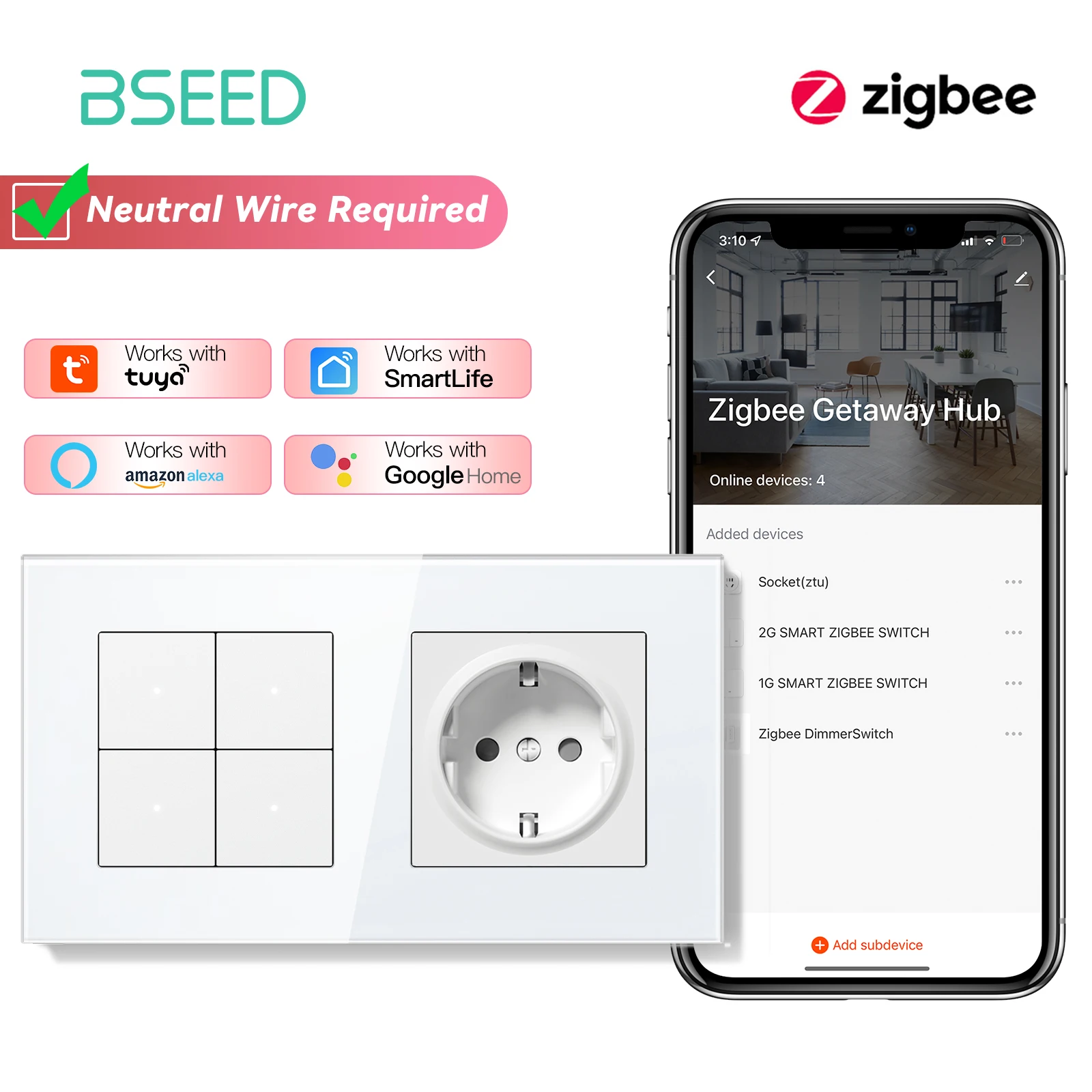 BSEED Zigbee Lichtschakelaar 1/2/3Gang 2Way Smart Click Knopschakelaar Glazen Paneel Witte LED Indicator Tuya Smart Leven Alexa Controle