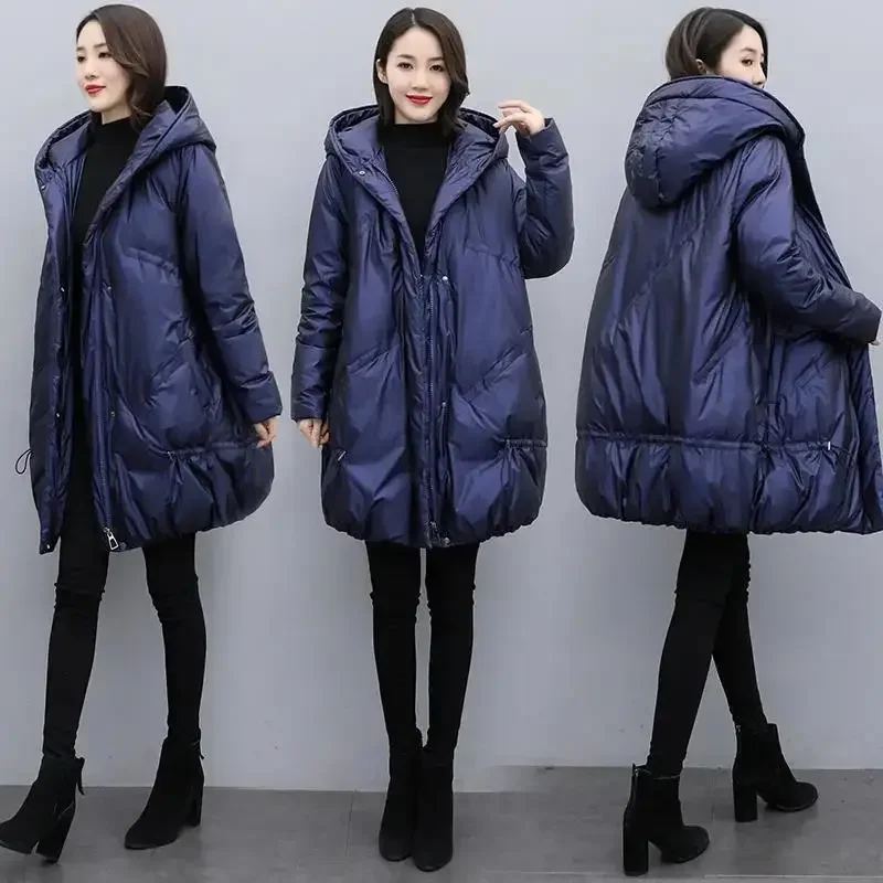 Jaqueta de algodão brilhante para mulheres, casaco coreano com capuz solto, parkas femininos à prova de vento, parka grossa, outwear de neve quente,