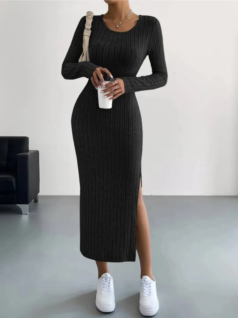 

Knee-length Party Dress 2023 Sexy Cotton Rib Knit High-neck Solid Color Split Long-sleeved Autumn Simulated Neck Elegant Dress