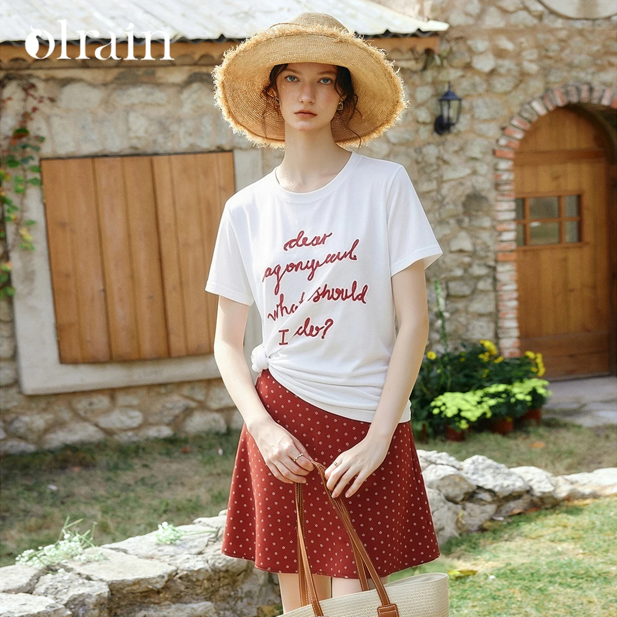 OLrain Casual Contrast Letter Embroidery Basic Tee 2026 Summer Versatile Crew Neck Loose Short Sleeve Top Women O58XT005803