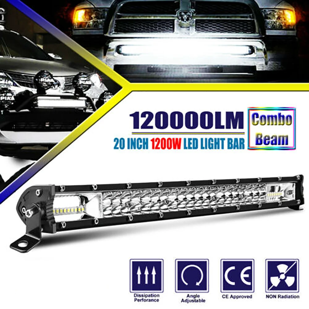 

20 Inch Spot Flood For Combo Beam LED Work Light Bar 1200W High Power Driving Lamp 6000K-6500K White IP68 Waterproof Dustproof