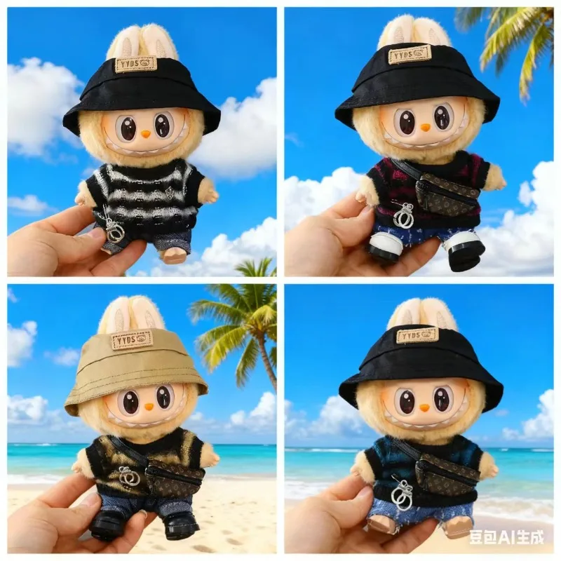 

For 15/17cm Labubu Mini Striped Clothing Jeans Hats Shoes Bag Cool Handsome Set Labubu V1 V2 Clothes Outfit Accessories Gift
