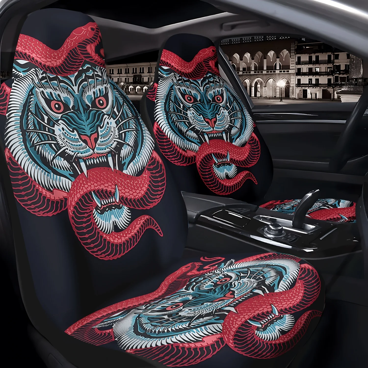 This 2pcs Set Of Tiger And Snake Car Seat Covers Is Durable, Designed For Front Seats, Machine Washable, Made Of Polyester Fiber