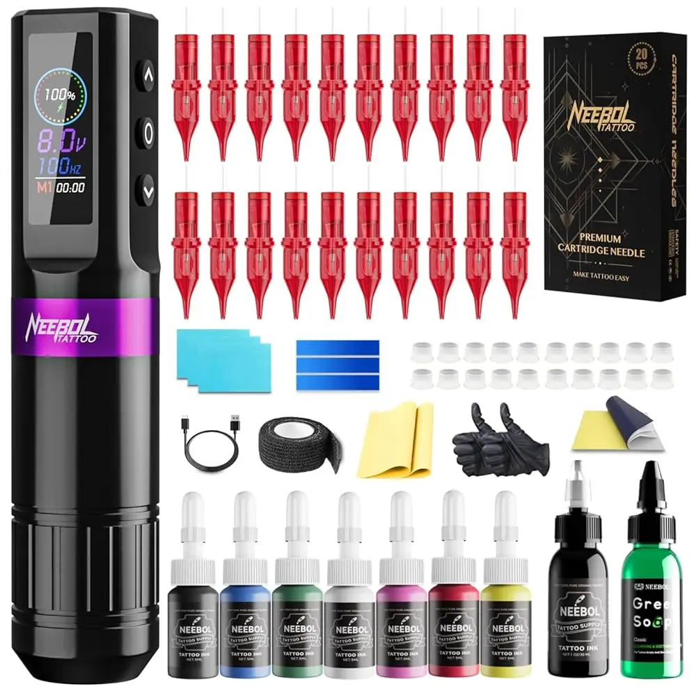 

NeebolRotary Wireless Tattoo Machine Kit Complete Tattoo Set with 20PCS Cartridge Needle Permanent Makeup Tool for Tattoo Artist