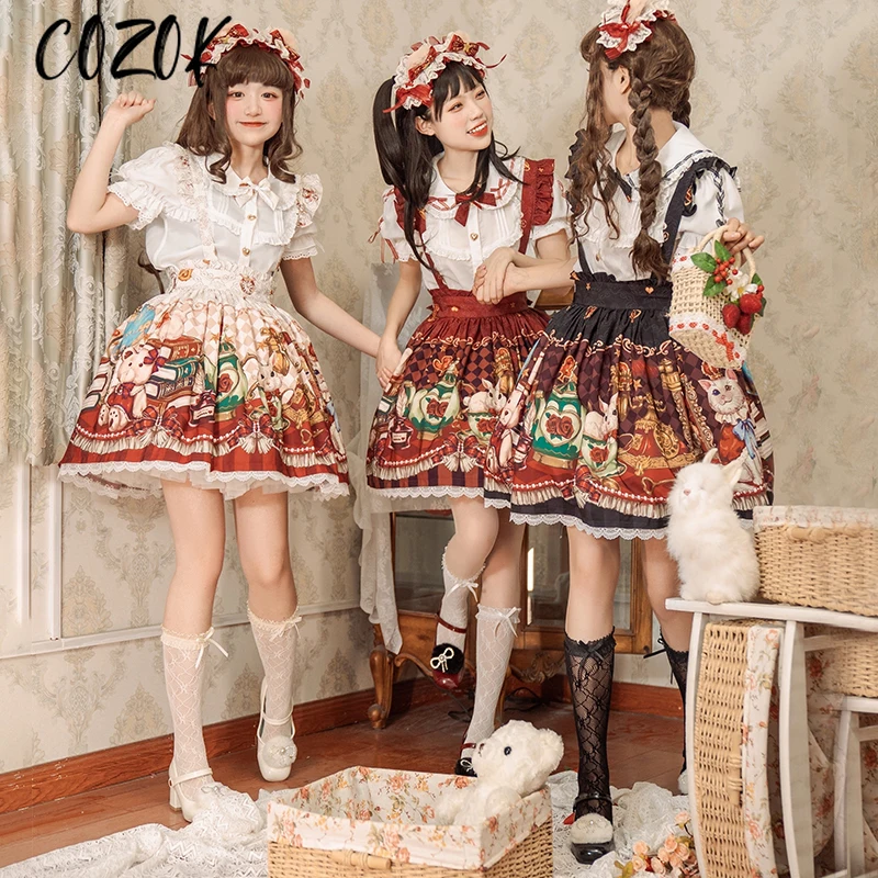 Sweet Retro Manor Style Sk Lolita Girl Cosplay Cute Loli Tea Party Print Bear Flower Rabbit Book Cat Bow Lace Ruffled Skirt