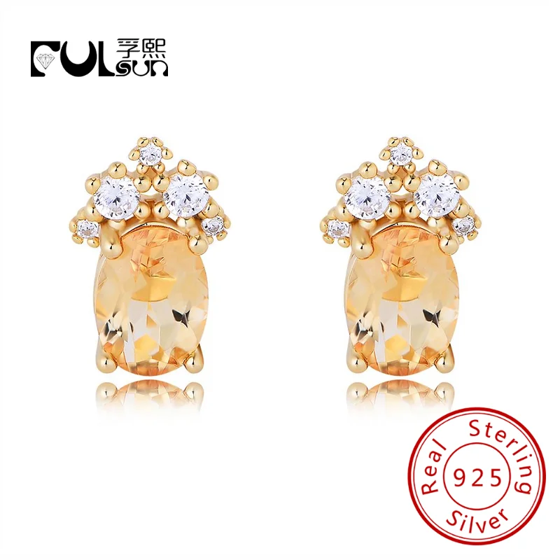 Fulsun Handmade design delicate simple fine Jewelry oval Natural Citrine Gemstone 925 Sterling Silver yellow zircon Stud Earring