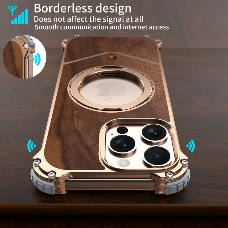 

Титановый чехол без полей с деревянным узором для iPhone 16, 15, 14 Pro Max для Magsafe, магнитный металлический кронштейн, задняя крышка с защитой от падения