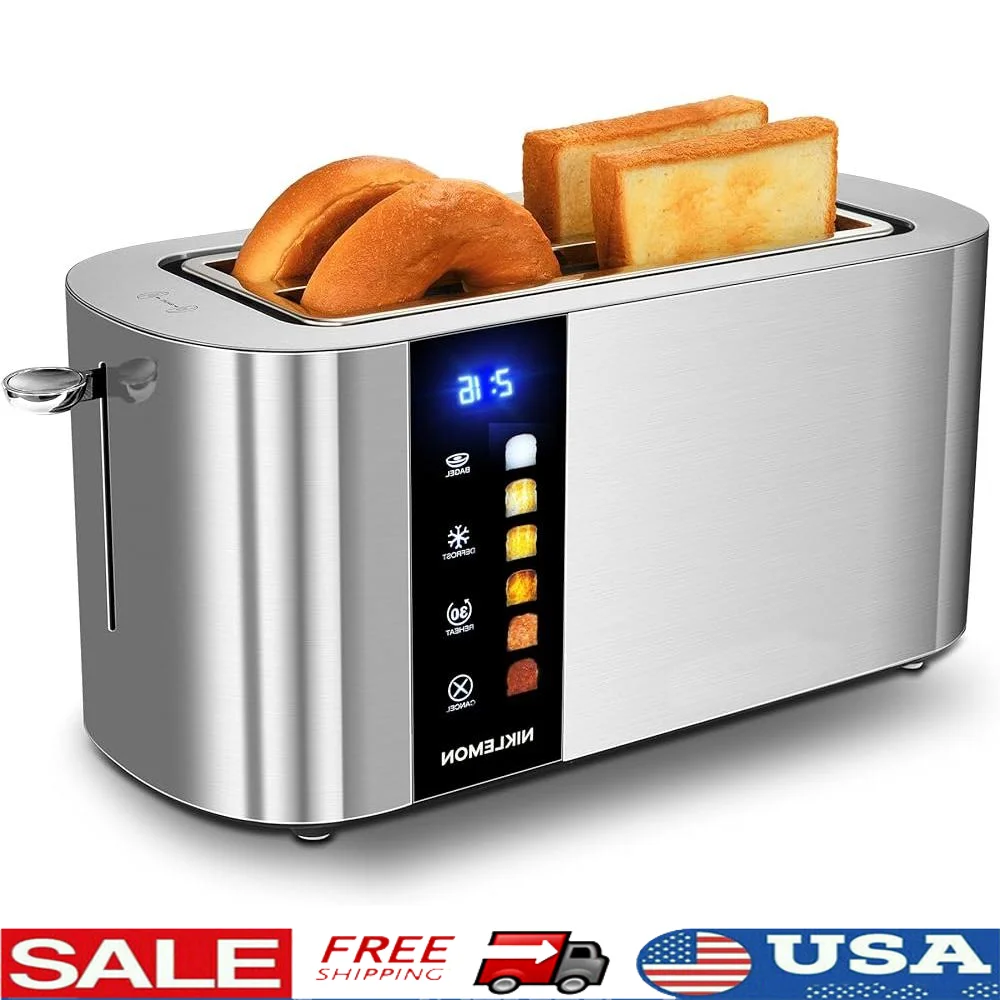 

4 Slice Toaster Stainless Steel Touch Screen Toaster LED Display Extra Wide Slots Bagel Defrost Reheat Cancel Functions Easy