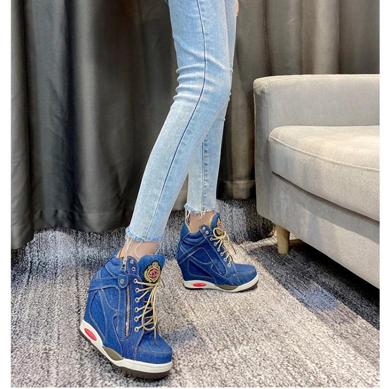 2026 New 9cm Spring And Autumn Height Increasing Denim Booties Women Fashion Lace Up High Heels Shoes Fashion Boots Lady Shoes view 5
